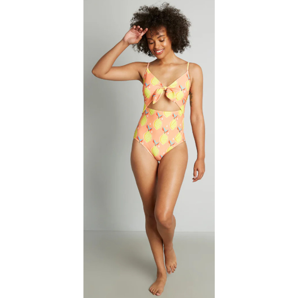 ModCloth Plus 1X The Siena One-Piece Swimsuit Pink Yellow Fruit Print Bow Front